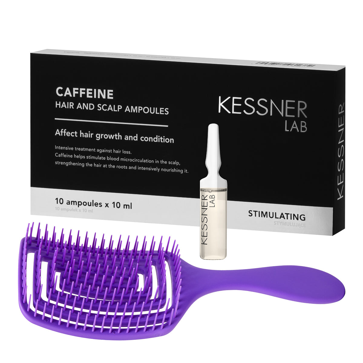 Set aus flexibler Haarbürste lila und Kessner Lab Koffeinampullen