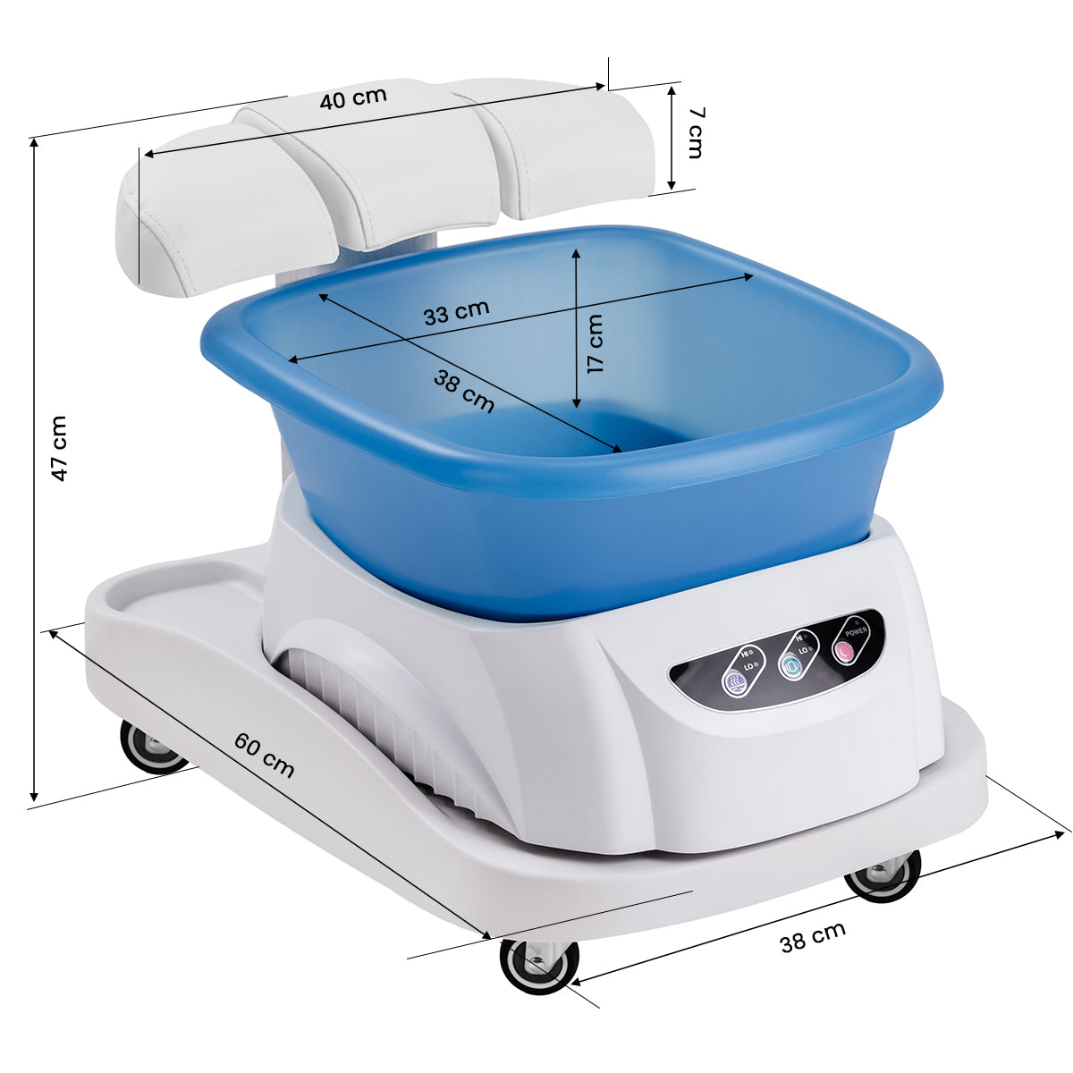 Pedicure bakke med massageapparat og hvid vogn