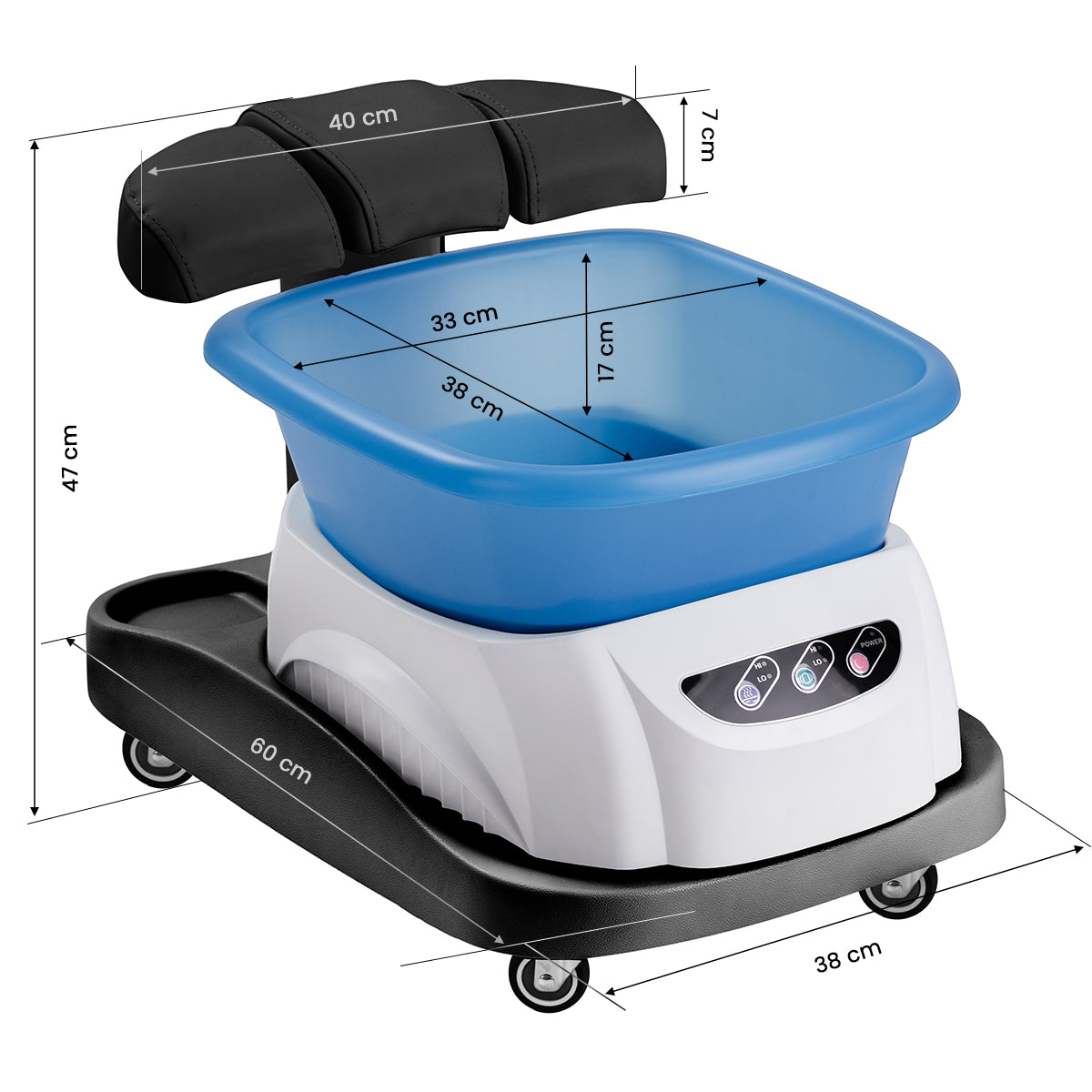 Pedicure bakke med massageapparat og sort vogn