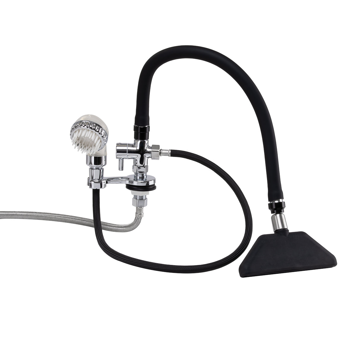 Vandfaldsarmatur til frisørvaskestation i sort og krom – elegant og effektiv vandtilførsel.